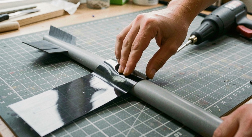 Fingers smoothing a strip of vinyl film along a grey arrow shaft over a work mat, a small heat gun resting at the edge of the frame