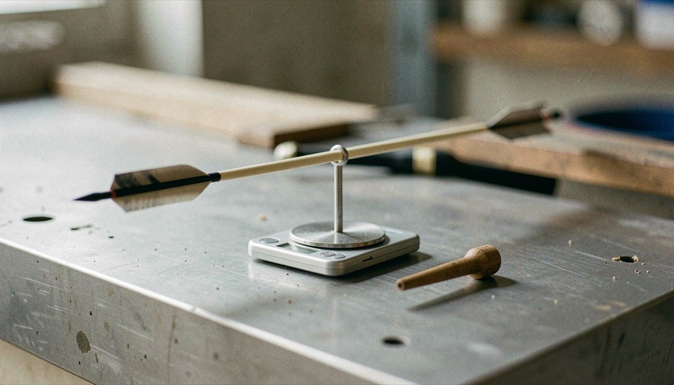 A bare arrow shaft balanced on a single finger tip over a bench, a small digital scale and a nock sitting on the steel surface