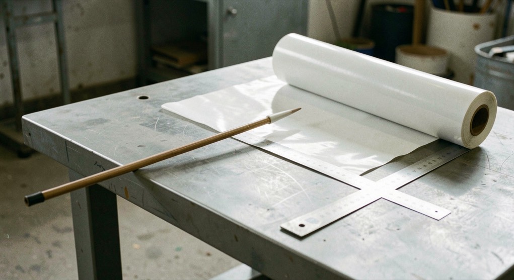 A long arrow shaft clamped flat on a grey steel bench beside a roll of thin vinyl film and a steel rule