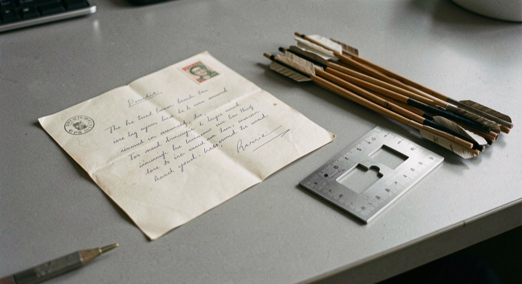 A grey desk with a folded letter, a stamped envelope and a steel rule squared on the surface beside a small stack of arrow shafts