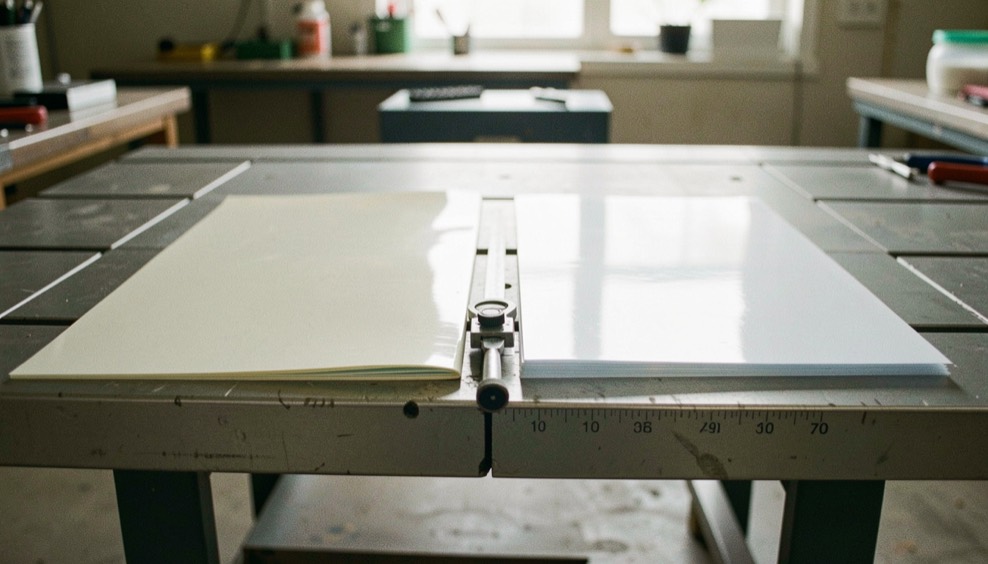 Two sheets of vinyl film held edge to edge over a steel bench, one visibly thicker, with a micrometer lying between them