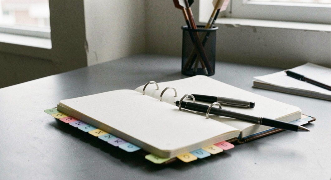 An open ring bound notebook on a grey desk with alphabet tabs on its edge, a pen across the page and arrow shafts standing in a holder behind