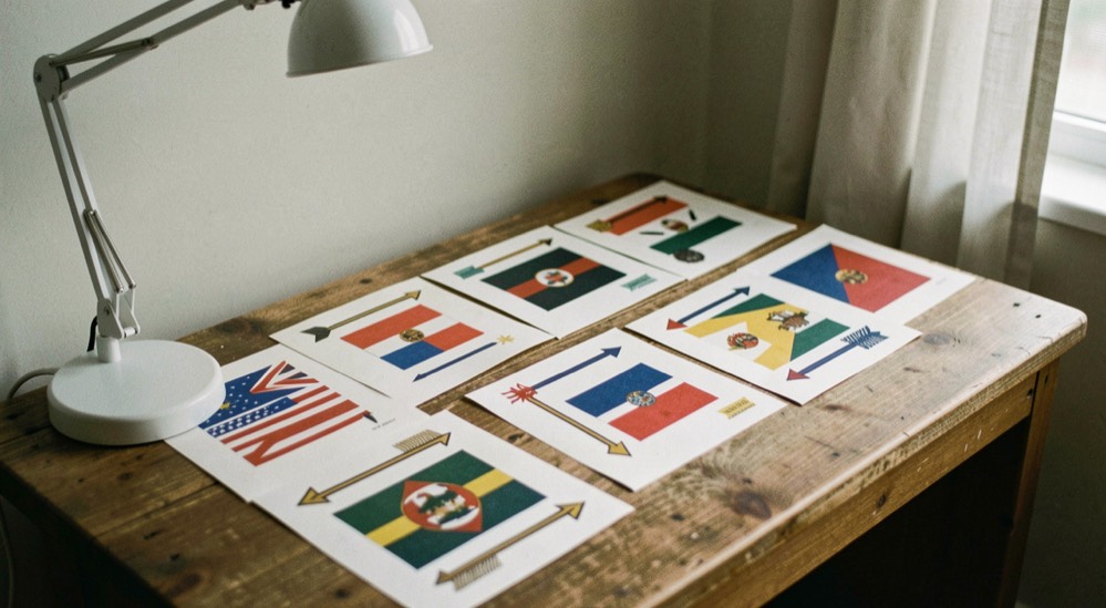 A fan of printed arrow wrap sheets spread across a bench, each showing a different flag design, under a neutral desk lamp