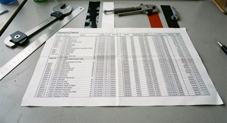 A wide printed data table lying flat on a grey desk with a steel rule, a micrometer and three strips of vinyl film arranged along its top edge