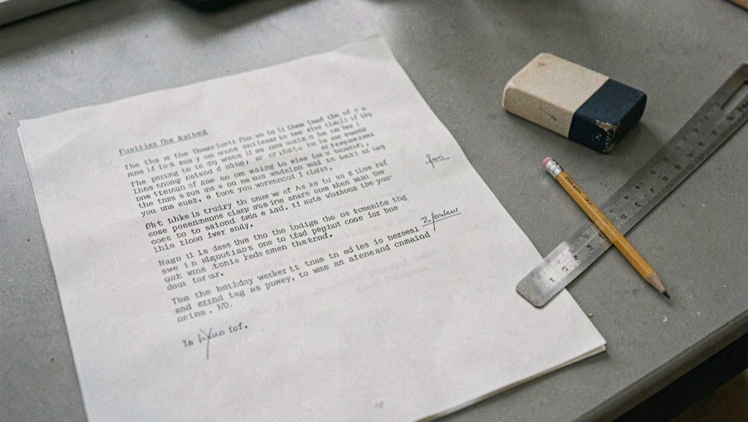 A printed page of typed notes on a grey desk with pencil corrections in the margin, a steel rule and an eraser squared beside it