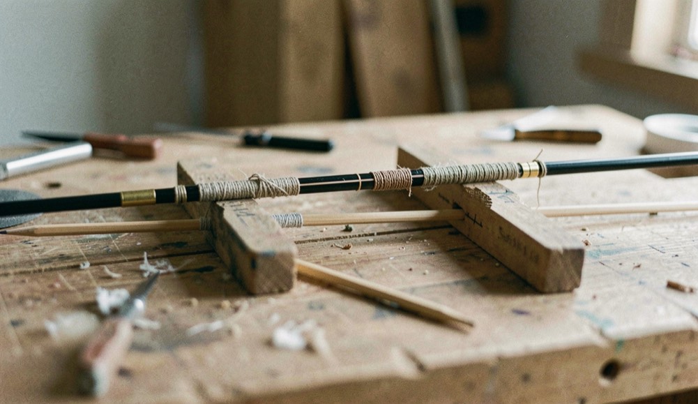 An arrow shaft resting across two supports on a bench with a balance point marked by a pencil line, wrapped and bare shafts side by side